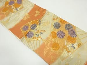 アンティーク　扇面に菊・蝶模様織り出し袋帯（材料）